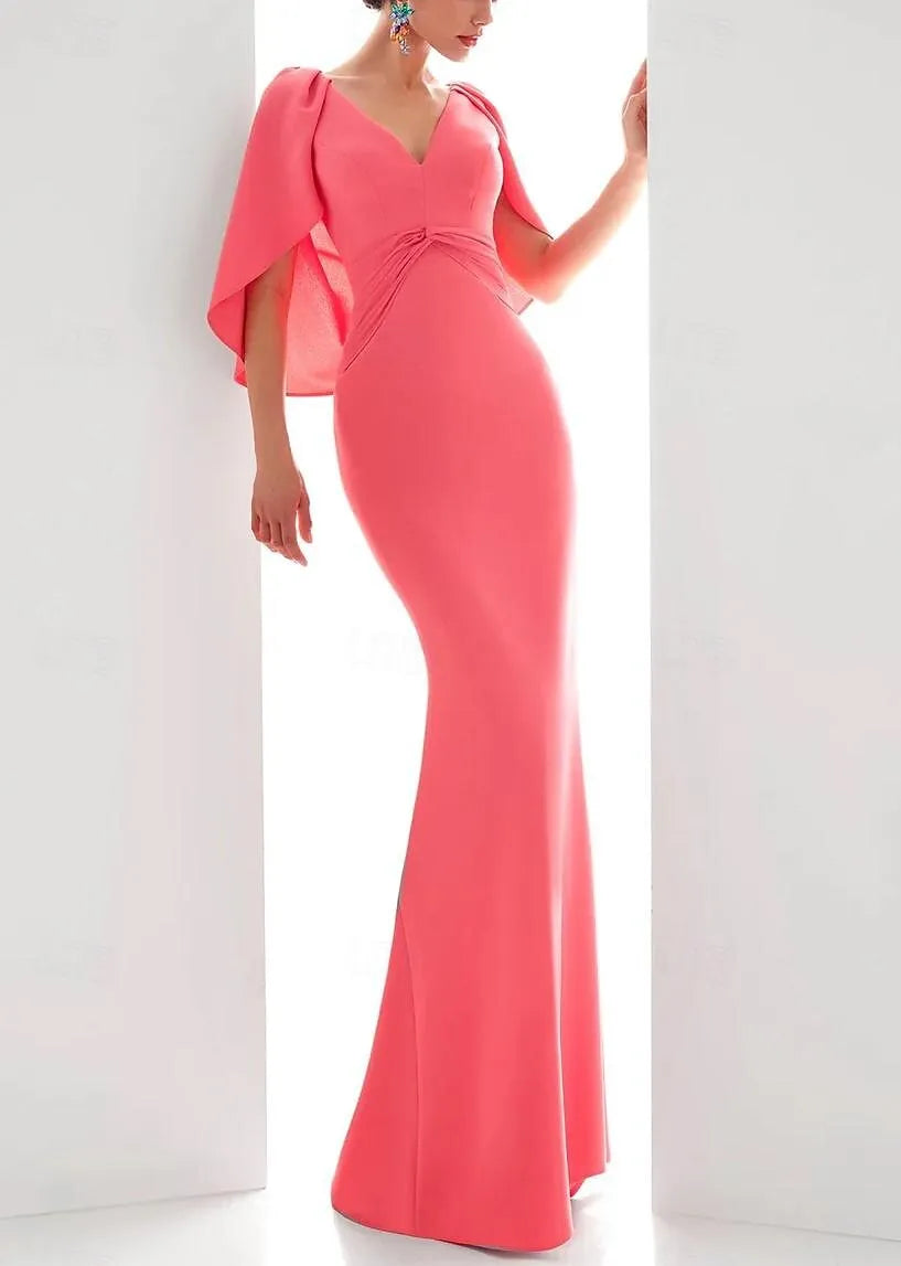 Glamorous Mermaid V-Neck Cape Ruched Chiffon Coral Prom Dress For Sale