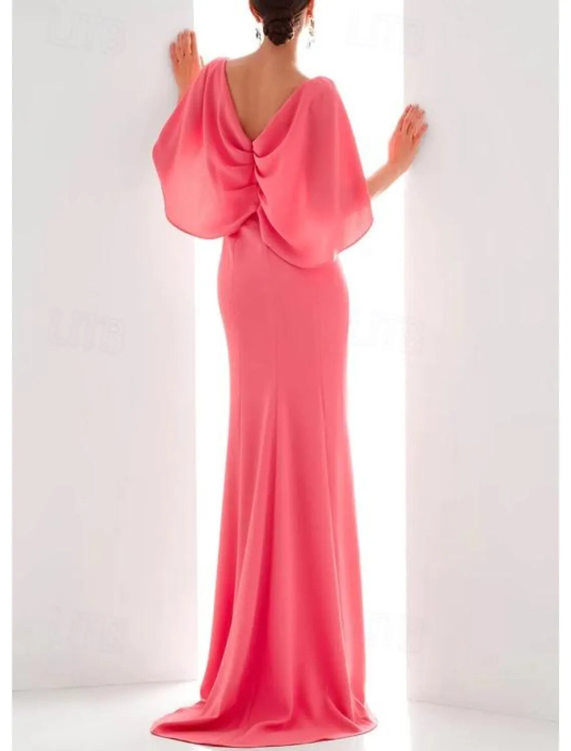 Glamorous Mermaid V-Neck Cape Ruched Chiffon Coral Prom Dress For Sale