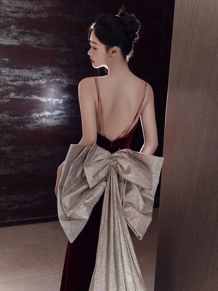 Glamorous Mermaid V-Neck Sleeveless Bow-Train Burgundy Maxi Prom Dress For Women Hot Sale