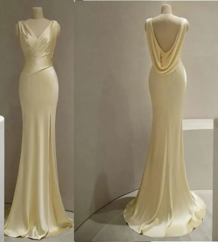 Glamorous Mermaid V-Neck Sleeveless Draped Satin Champagne Floor-Length Prom Dress for Women