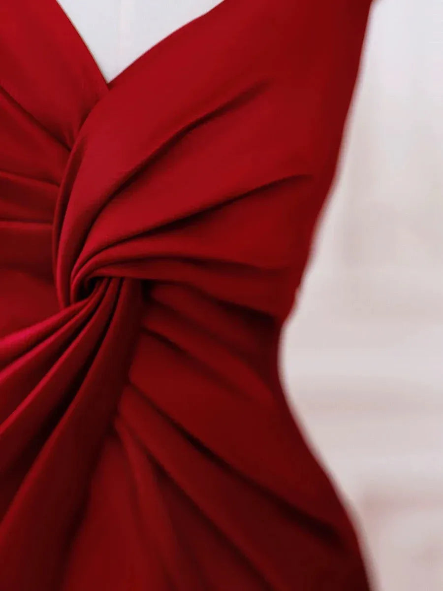 Glamorous Mermaid V-Neck Sleeveless Knot-Detail Satin Red Floor-Length Prom Dress for Women