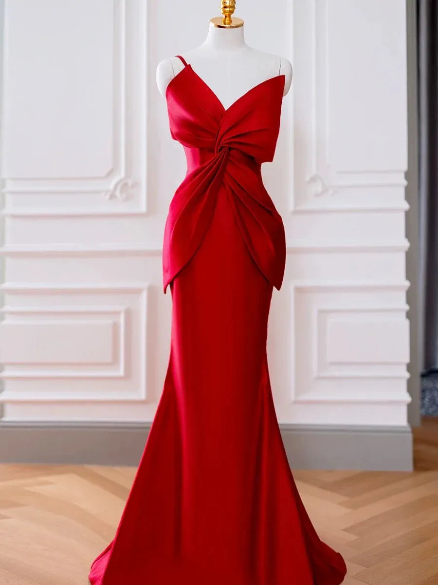 Glamorous Mermaid V-Neck Sleeveless Knot-Detail Satin Red Floor-Length Prom Dress for Women