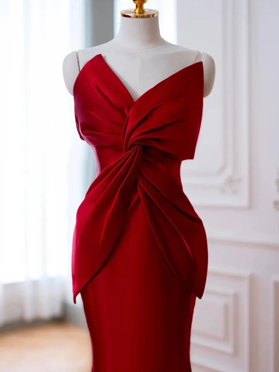 Glamorous Mermaid V-Neck Sleeveless Knot-Detail Satin Red Floor-Length Prom Dress for Women