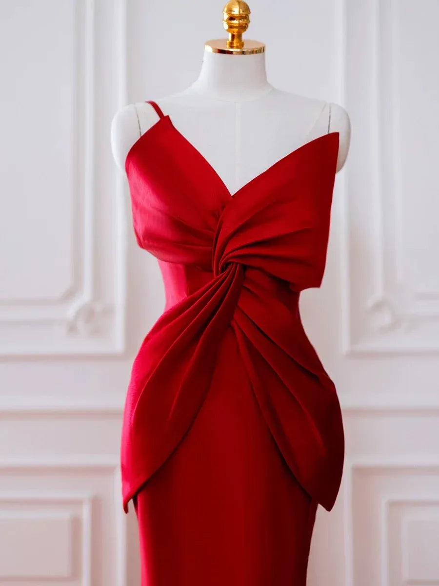 Glamorous Mermaid V-Neck Sleeveless Knot-Detail Satin Red Floor-Length Prom Dress for Women