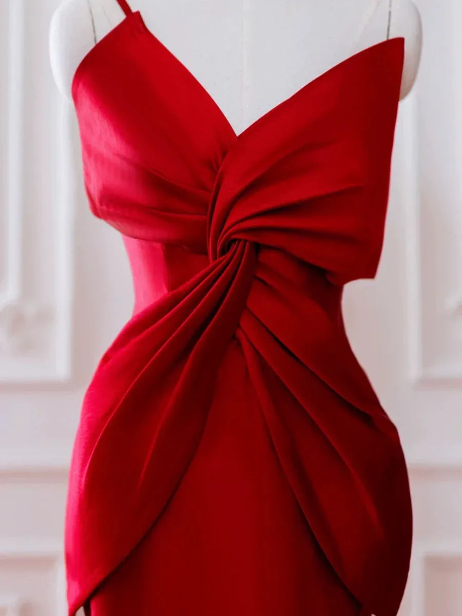 Glamorous Mermaid V-Neck Sleeveless Knot-Detail Satin Red Floor-Length Prom Dress for Women