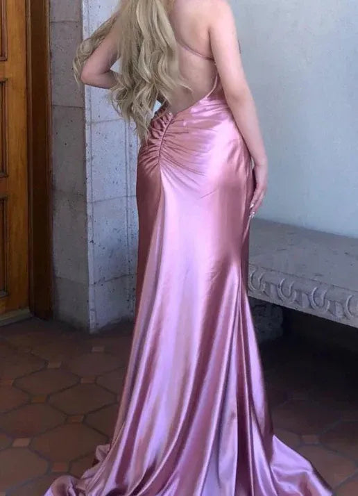 Glamorous Mermaid V-Neck Sleeveless Ruched Pink Maxi Prom Dress for Women Ready to Ship