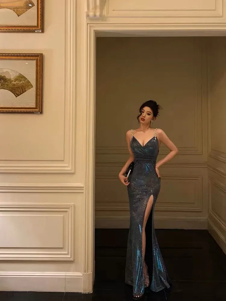 Glamorous Mermaid V-Neck Sleeveless Sequin Teal-Black Long Prom Dress for Women Ready to Ship
