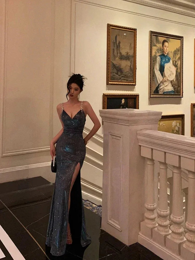 Glamorous Mermaid V-Neck Sleeveless Sequin Teal-Black Long Prom Dress for Women Ready to Ship