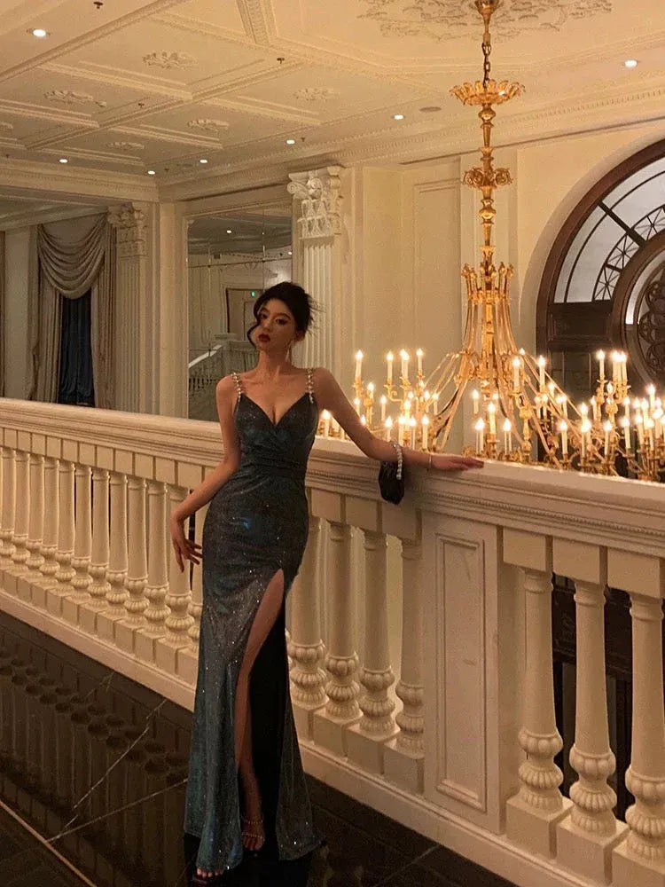 Glamorous Mermaid V-Neck Sleeveless Sequin Teal-Black Long Prom Dress for Women Ready to Ship