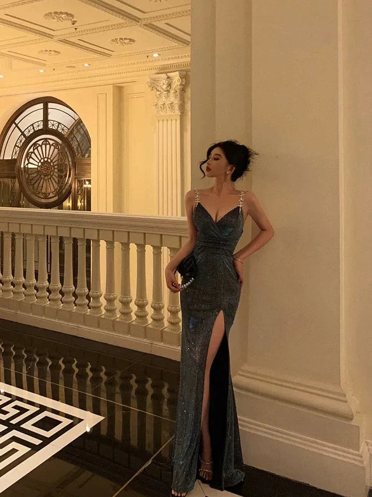 Glamorous Mermaid V-Neck Sleeveless Sequin Teal-Black Long Prom Dress for Women Ready to Ship