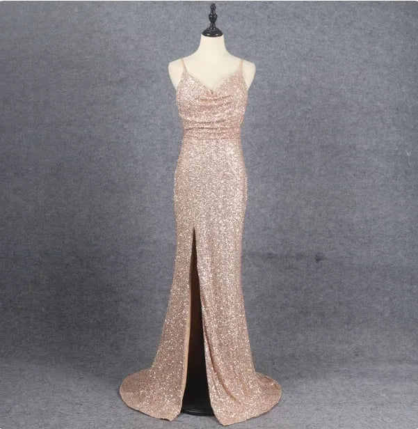 Glamorous Mermaid V-neck Sequin Champagne Evening Dress For Ladies Hot Sale