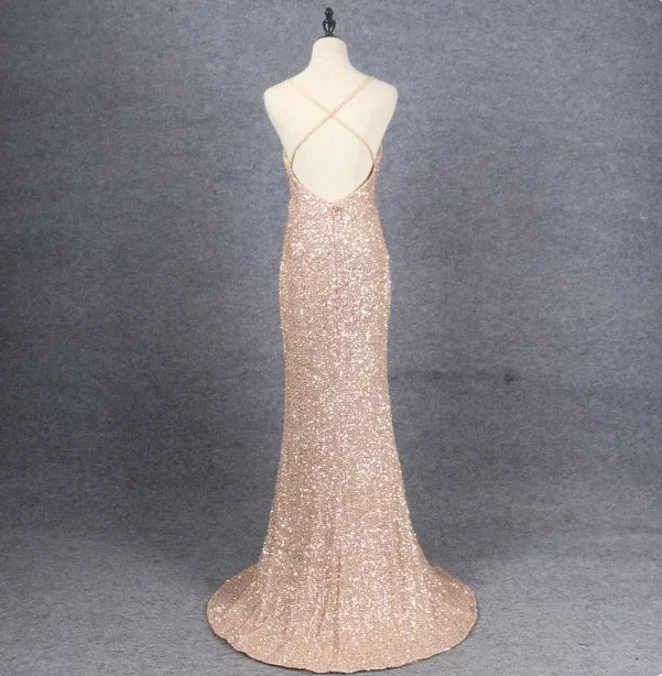 Glamorous Mermaid V-neck Sequin Champagne Evening Dress For Ladies Hot Sale