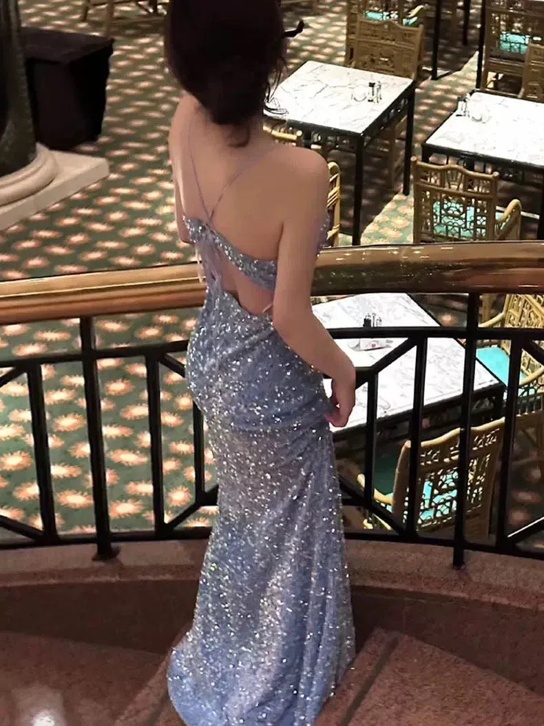 Glamorous Mermaid V-neck Sleeveless Sequin Sky Blue Maxi Prom Dress for Women Ready to Ship