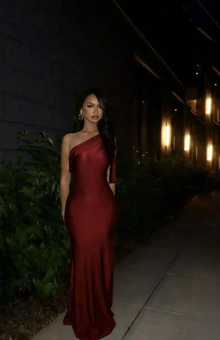 Glamorous One-shoulder Draped Satin Burgundy Maxi Prom Dress For Sale