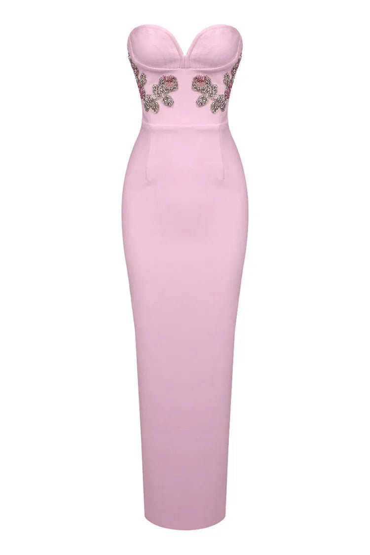 Glamorous Satin Long Evening Dress Blush Strapless Beaded-Floral for Women