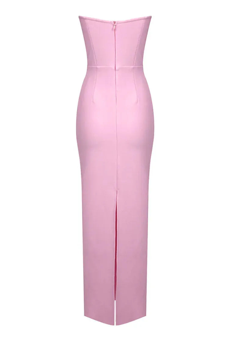 Glamorous Satin Long Evening Dress Blush Strapless Beaded-Floral for Women
