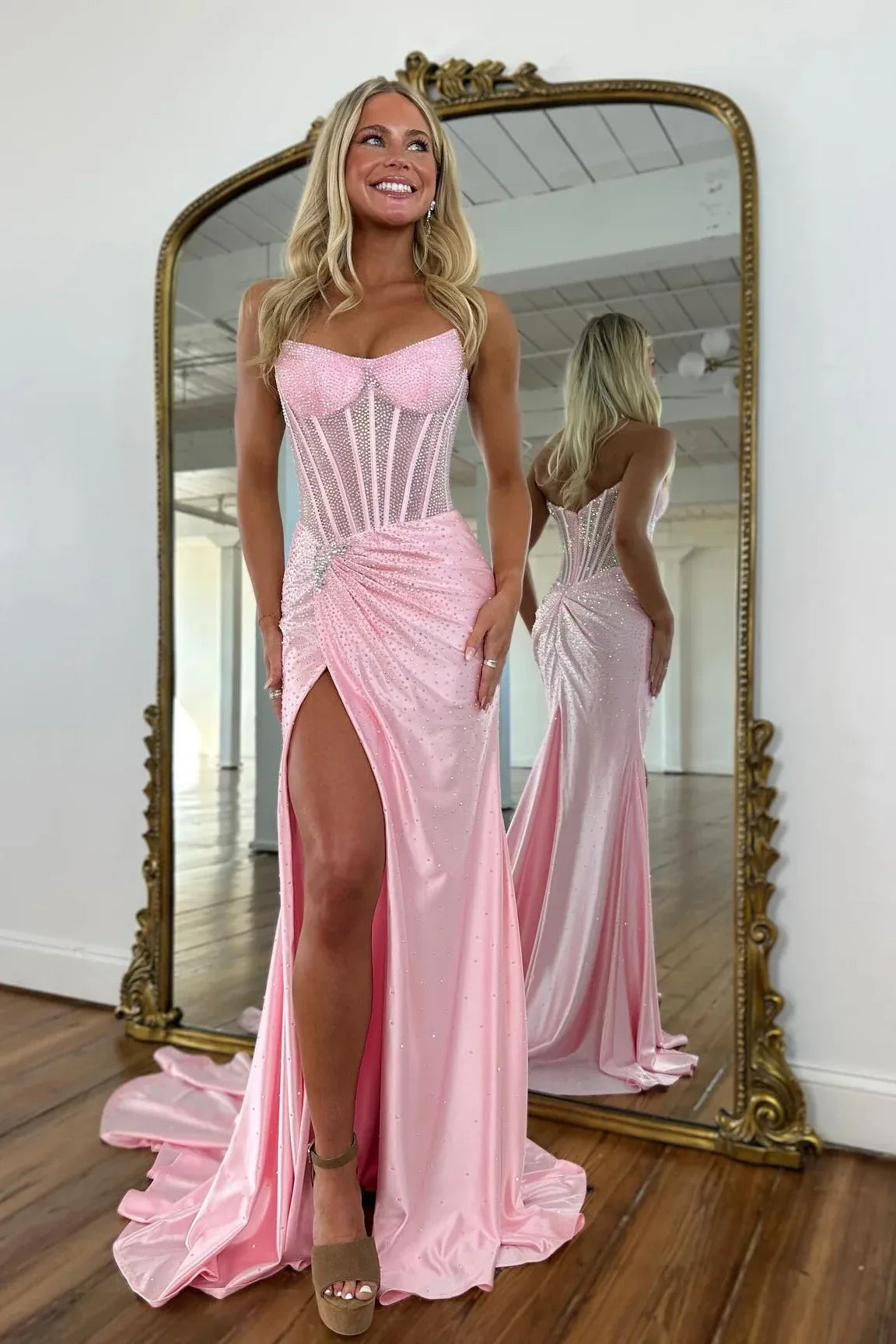 Glamorous Satin Long Evening Dress Pink Strapless Beaded Party Gown for Women