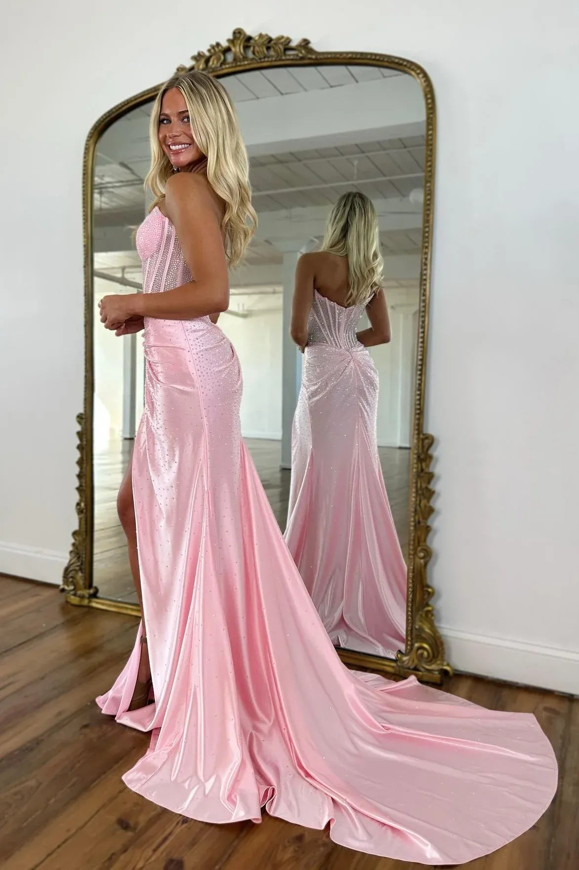 Glamorous Satin Long Evening Dress Pink Strapless Beaded Party Gown for Women