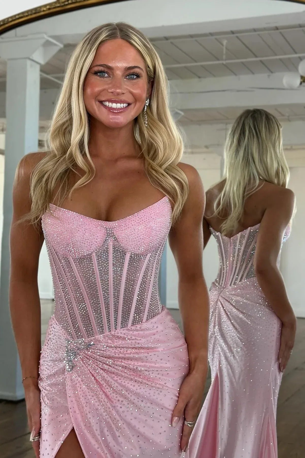 Glamorous Satin Long Evening Dress Pink Strapless Beaded Party Gown for Women