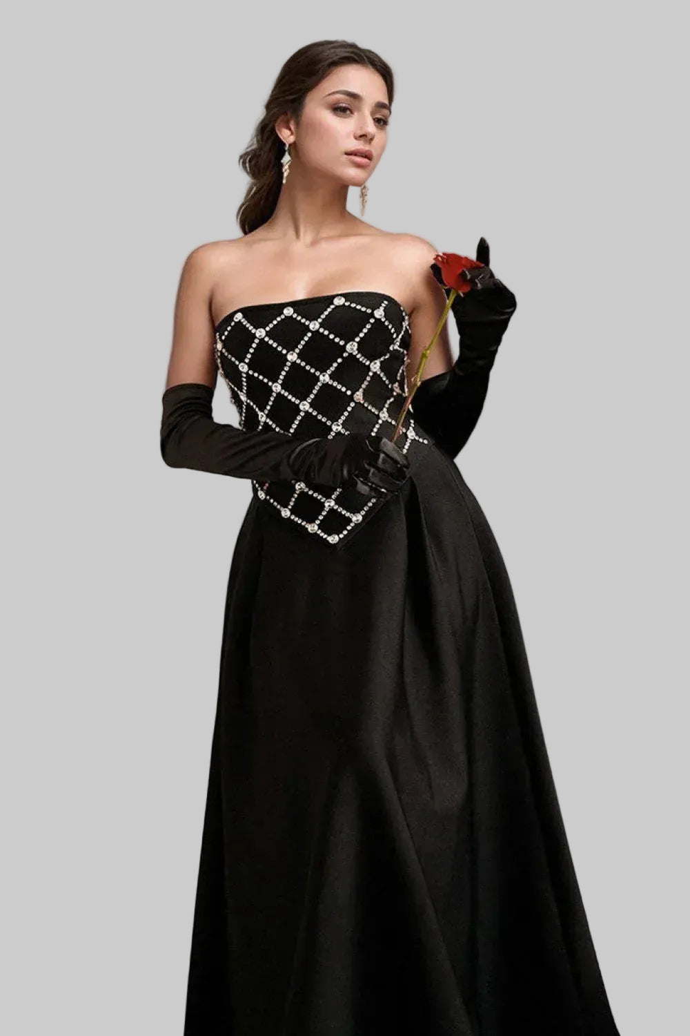 Glamorous Satin Midi Evening Dress Black Strapless Crystal-Embellished for Women