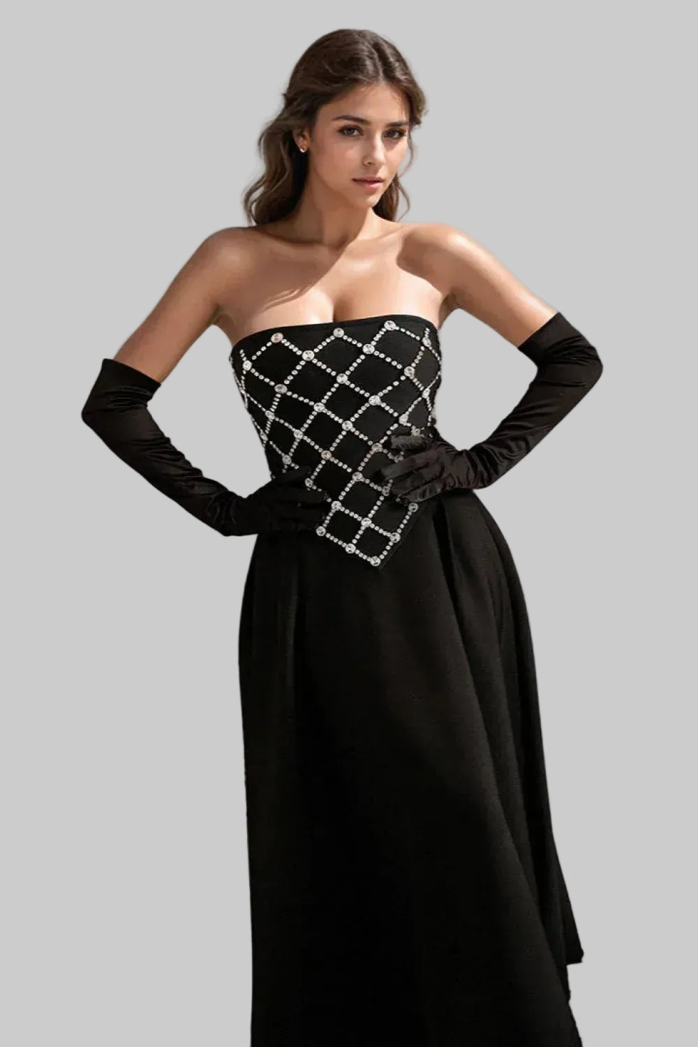 Glamorous Satin Midi Evening Dress Black Strapless Crystal-Embellished for Women
