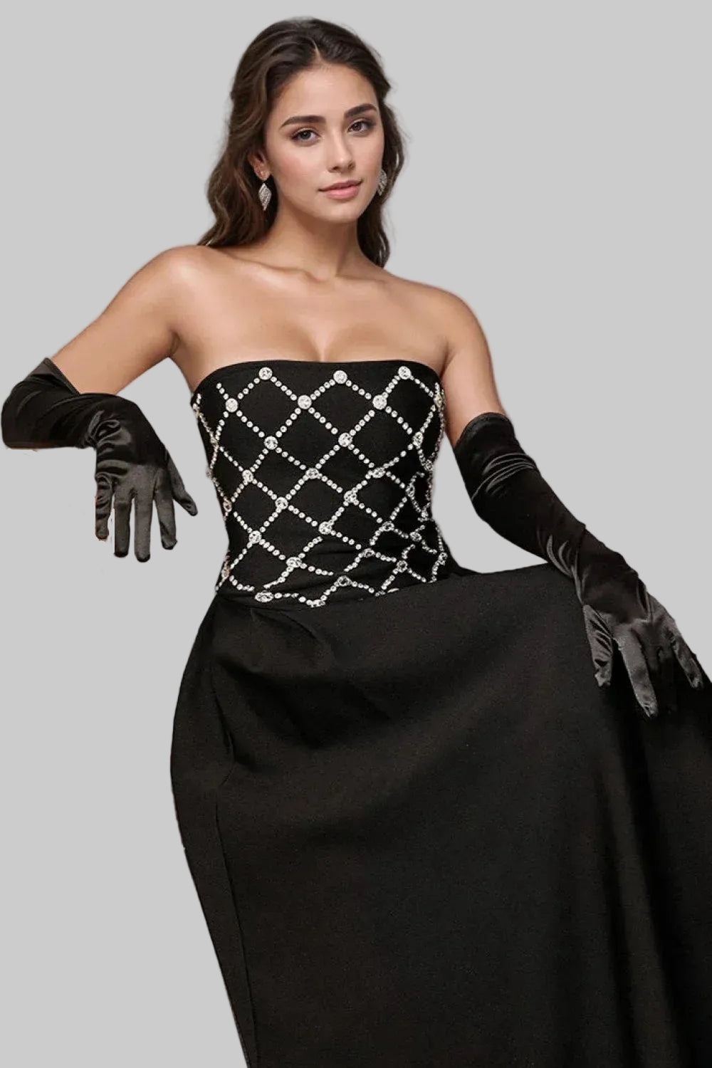 Glamorous Satin Midi Evening Dress Black Strapless Crystal-Embellished for Women