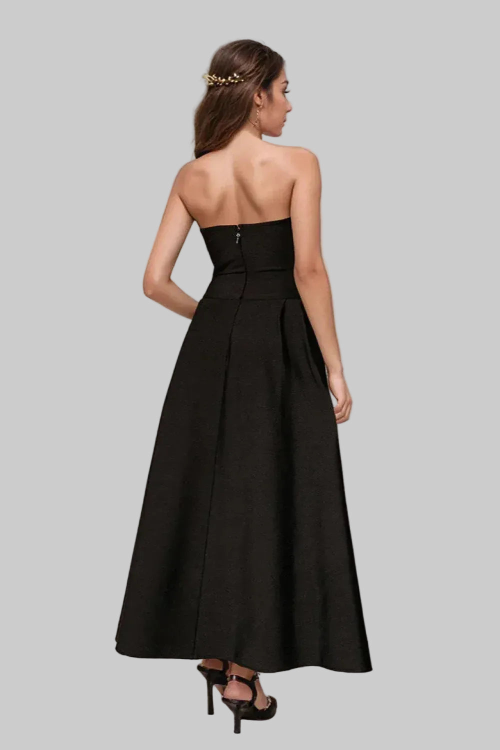 Glamorous Satin Midi Evening Dress Black Strapless Crystal-Embellished for Women