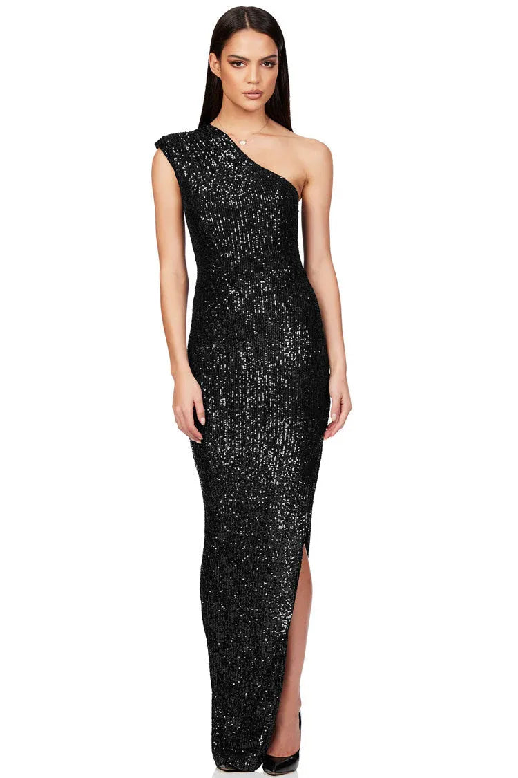 Glamorous Sequin Floor-Length Evening Dress Black One-Shoulder Sleeveless for Women