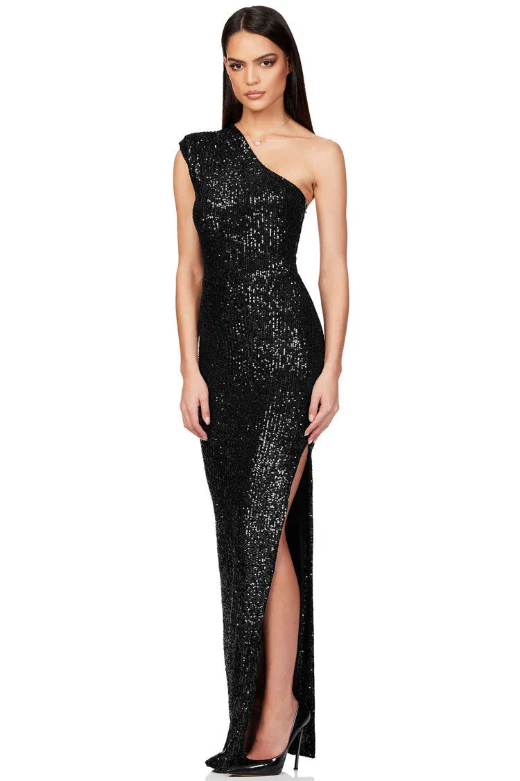 Glamorous Sequin Floor-Length Evening Dress Black One-Shoulder Sleeveless for Women