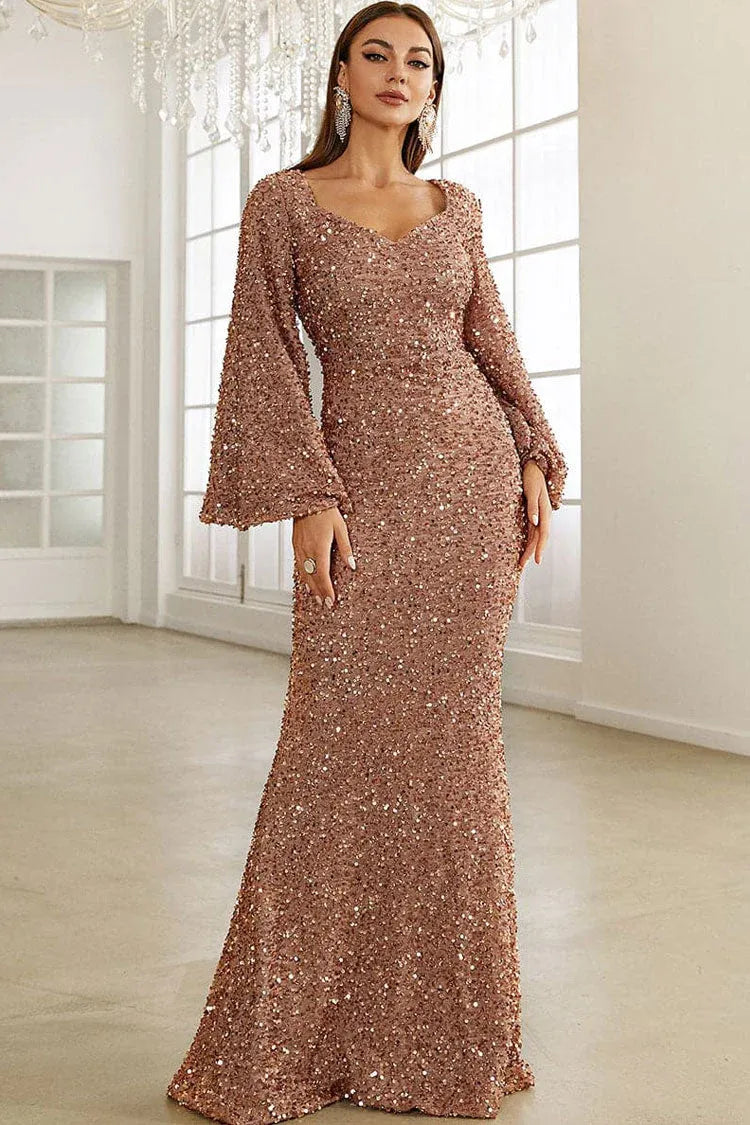 Glamorous Sequin Floor-Length Evening Dress Rose Gold Square-Neck Bell-Sleeve for Women