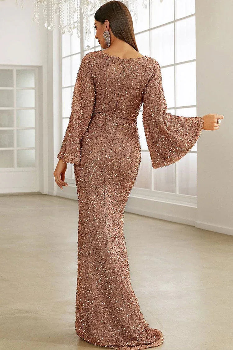 Glamorous Sequin Floor-Length Evening Dress Rose Gold Square-Neck Bell-Sleeve for Women