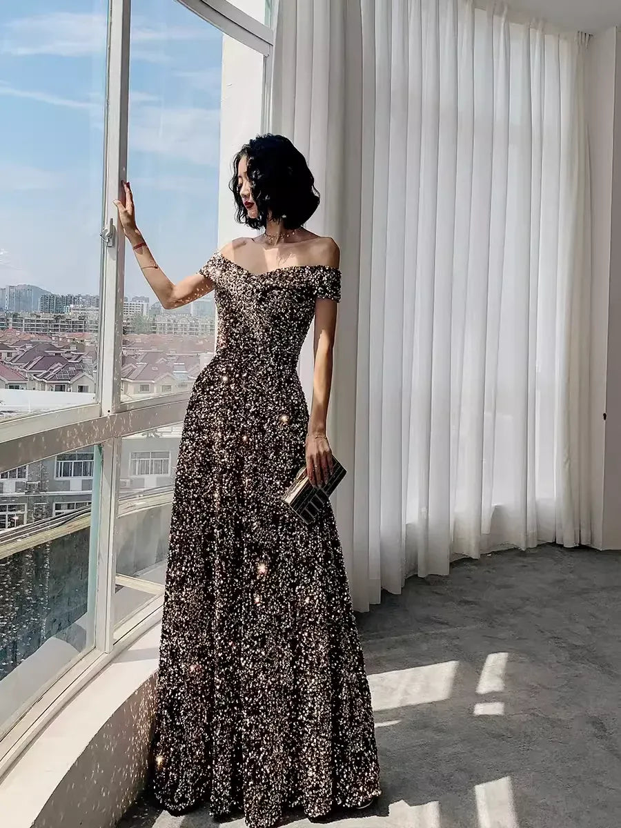 Glamorous Sequin Maxi Evening Dress Bronze Off-Shoulder Lace-Up for Women