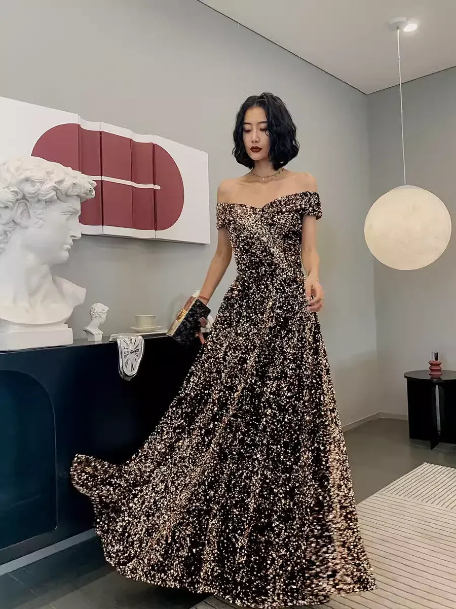 Glamorous Sequin Maxi Evening Dress Bronze Off-Shoulder Lace-Up for Women