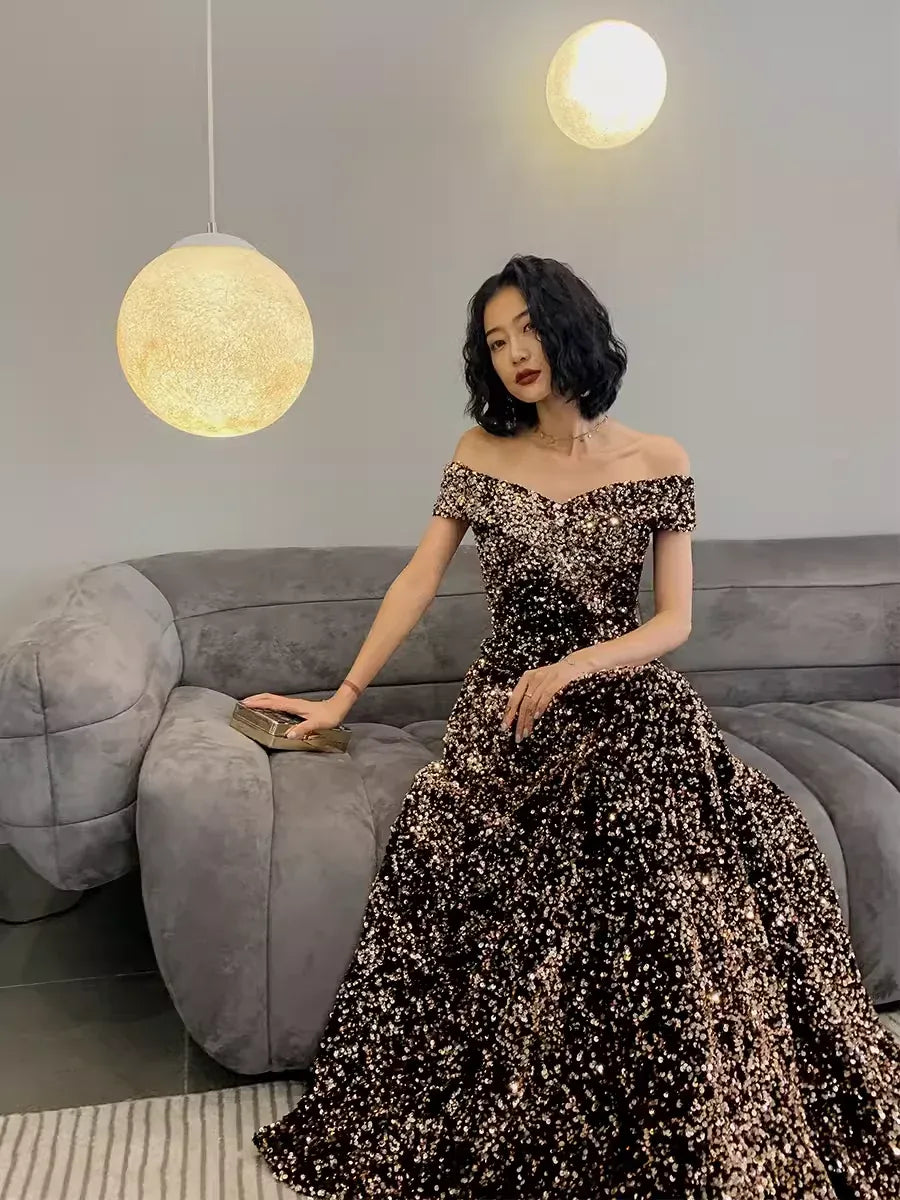Glamorous Sequin Maxi Evening Dress Bronze Off-Shoulder Lace-Up for Women