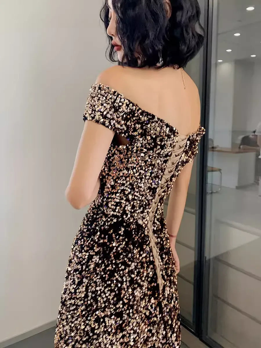 Glamorous Sequin Maxi Evening Dress Bronze Off-Shoulder Lace-Up for Women