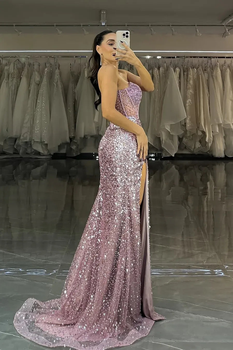 Glamorous Sequin Maxi Evening Dress Lavender Strapless Sweetheart for Women