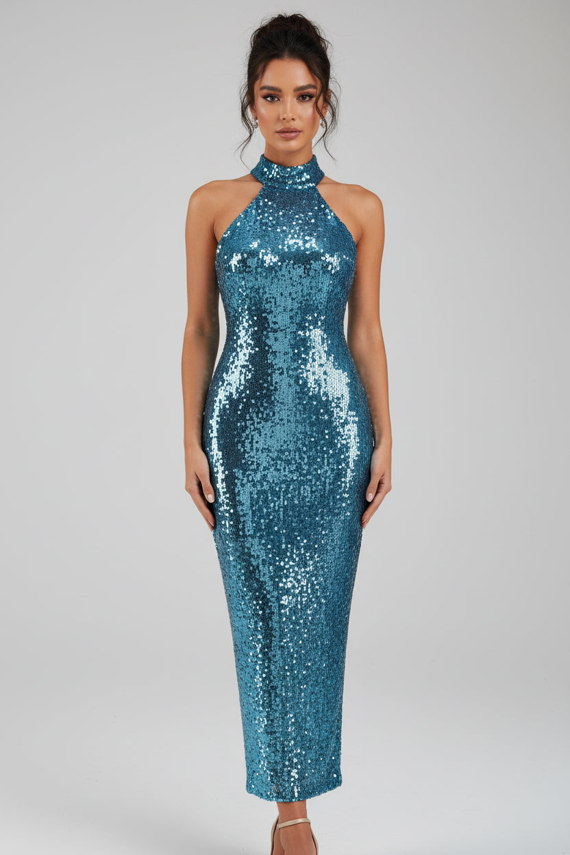 Glamorous Sheath Halter-Neck Sleeveless Sequin Teal Midi Prom Dress for Women