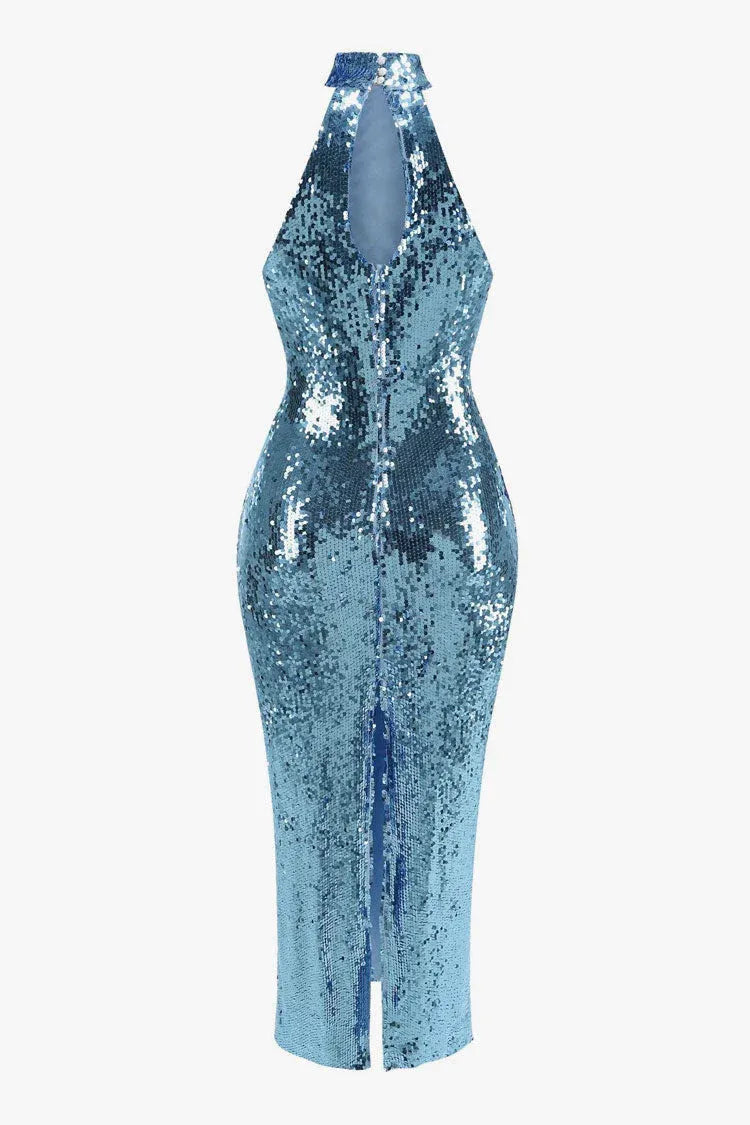 Glamorous Sheath Halter-Neck Sleeveless Sequin Teal Midi Prom Dress for Women