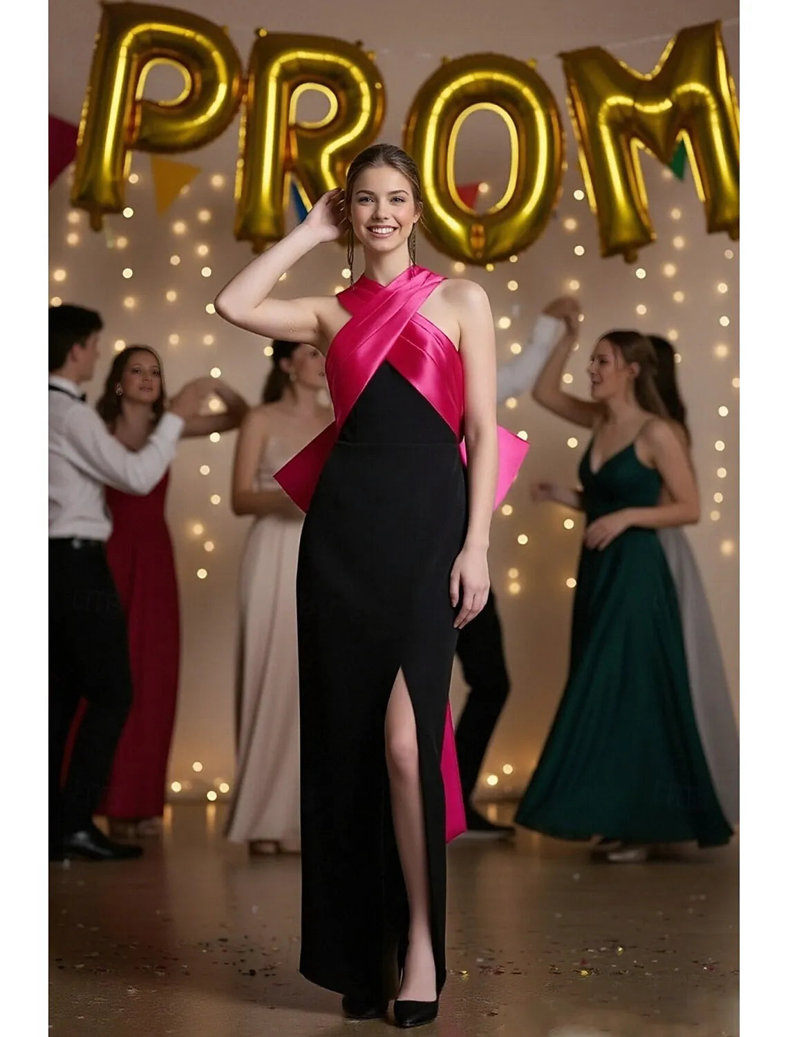 Glamorous Sheath Halter Bow Black Fuchsia Ankle Length Prom Dress With Slit