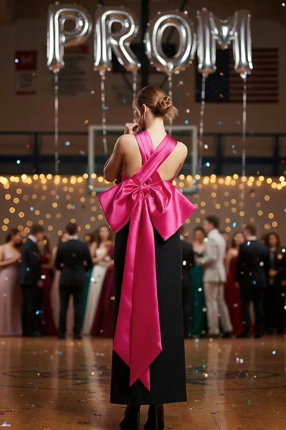 Glamorous Sheath Halter Bow Black Fuchsia Ankle Length Prom Dress With Slit