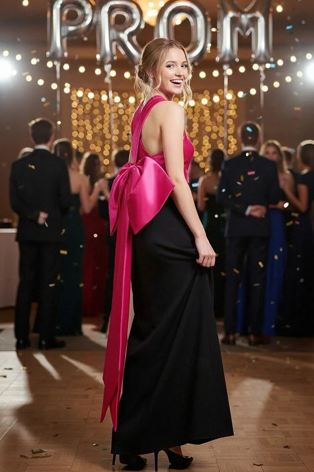 Glamorous Sheath Halter Bow Black Fuchsia Ankle Length Prom Dress With Slit