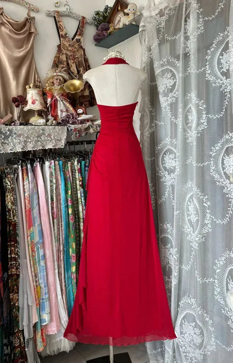 Glamorous Sheath Halter Neck Sleeveless Ruched Red Maxi Prom Dress for Women Hot Sale