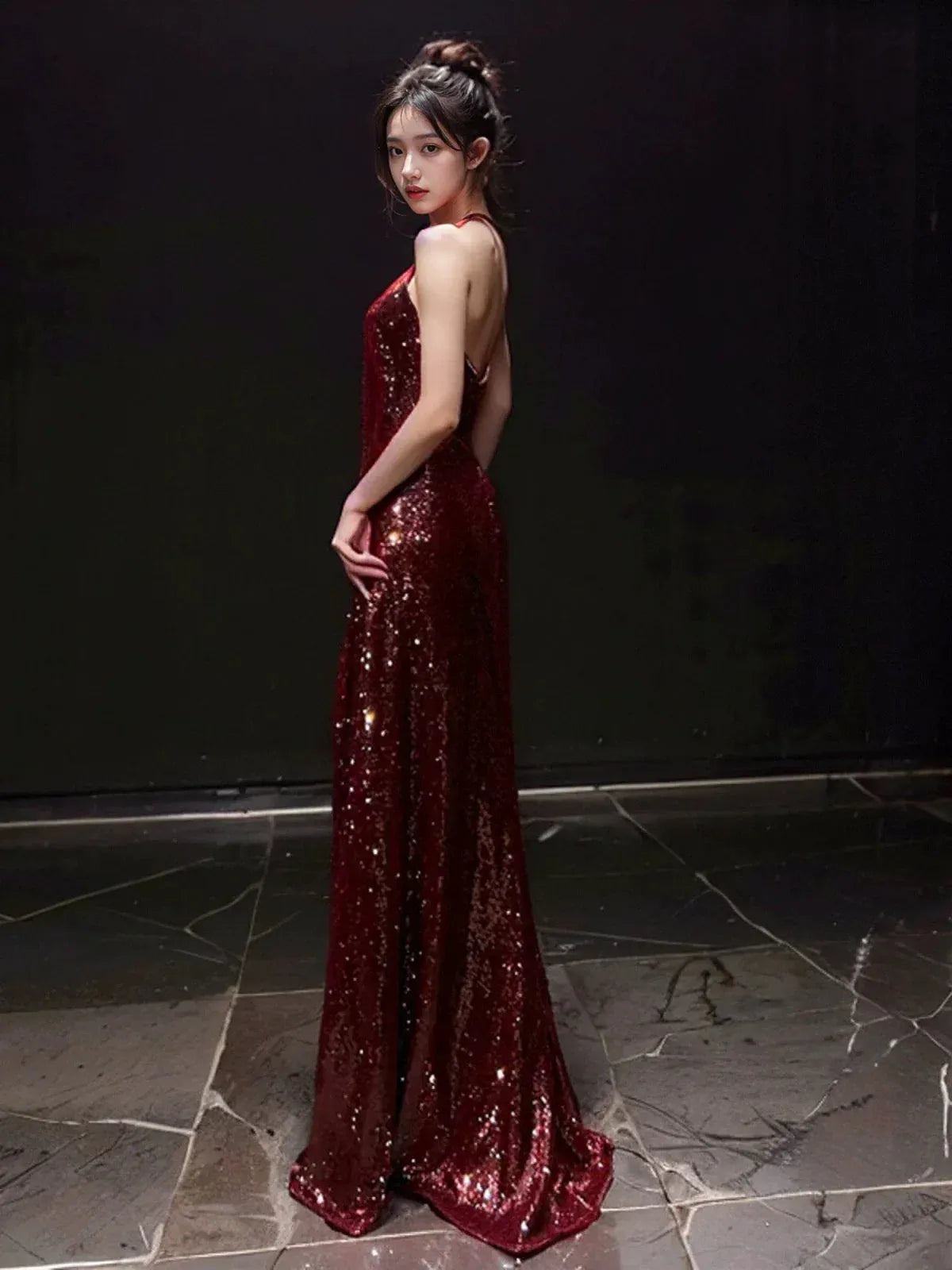 Glamorous Sheath Halter Neck Sleeveless Sequin Burgundy Maxi Prom Dress for Women Hot Sale