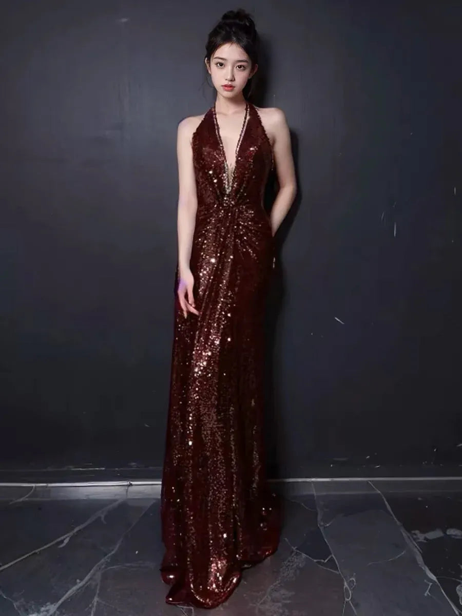 Glamorous Sheath Halter Neck Sleeveless Sequin Burgundy Maxi Prom Dress for Women Hot Sale