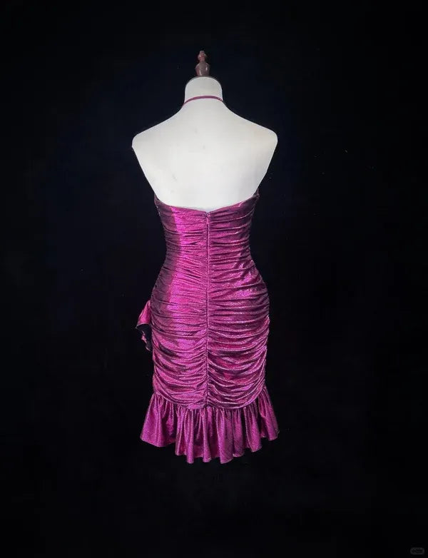Glamorous Sheath Halter Ruched Magenta Short Homecoming Dress With Ruffle Hem