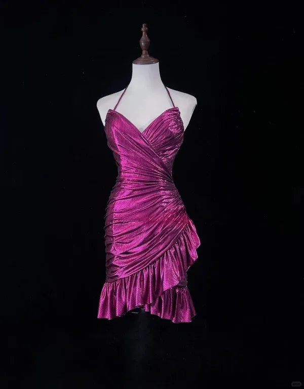 Glamorous Sheath Halter Ruched Magenta Short Homecoming Dress With Ruffle Hem