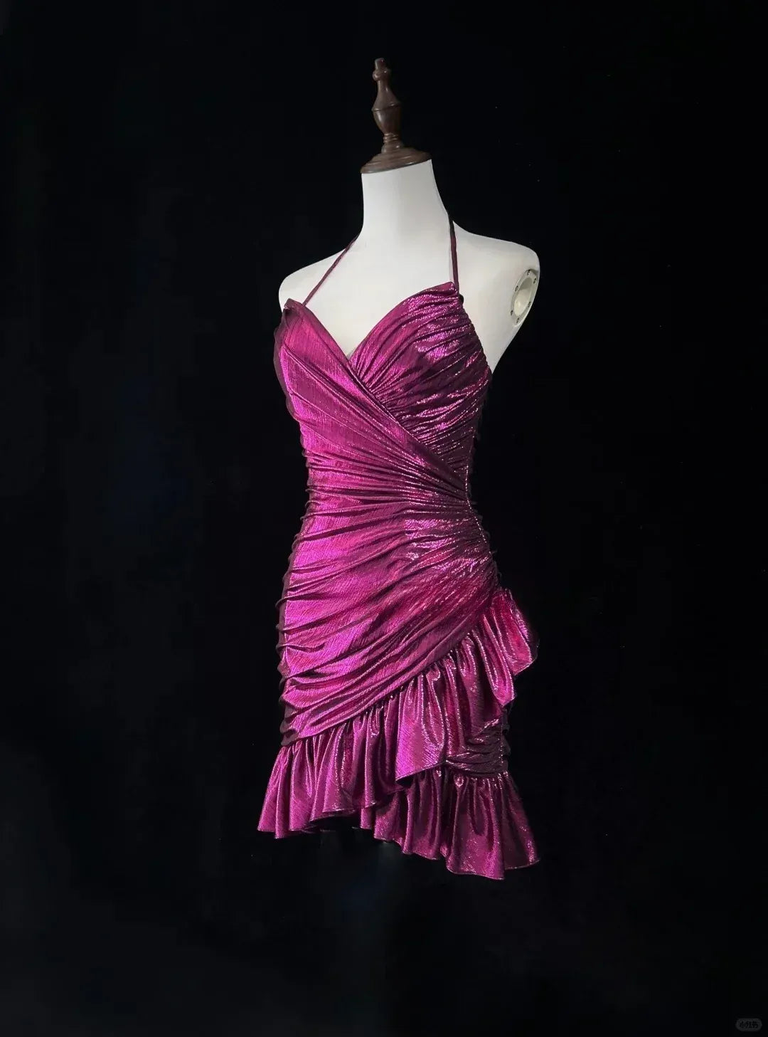 Glamorous Sheath Halter Ruched Magenta Short Homecoming Dress With Ruffle Hem
