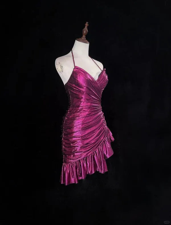 Glamorous Sheath Halter Ruched Magenta Short Homecoming Dress With Ruffle Hem