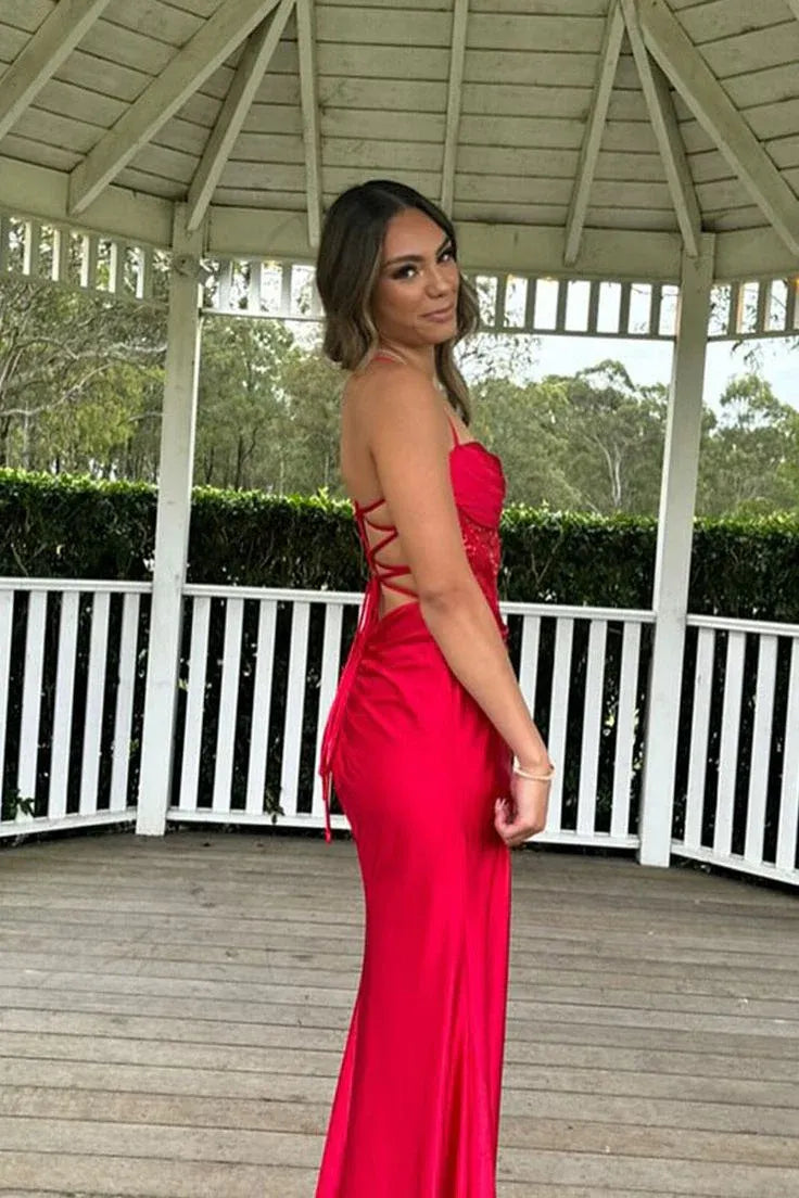 Glamorous Sheath Halter Sleeveless Ruched Red Maxi Prom Dress for Women Custom