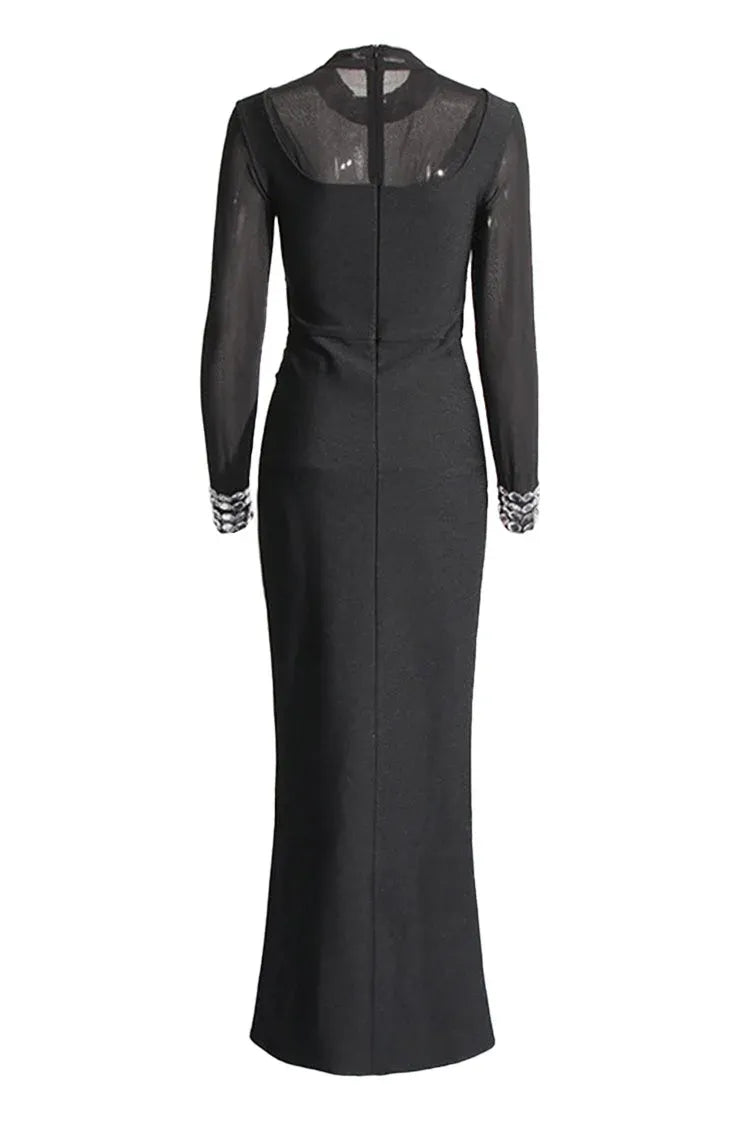 Glamorous Sheath Mock-Neck Long-Sleeve Embellished Mesh Black Floor-Length Evening Dress for Women